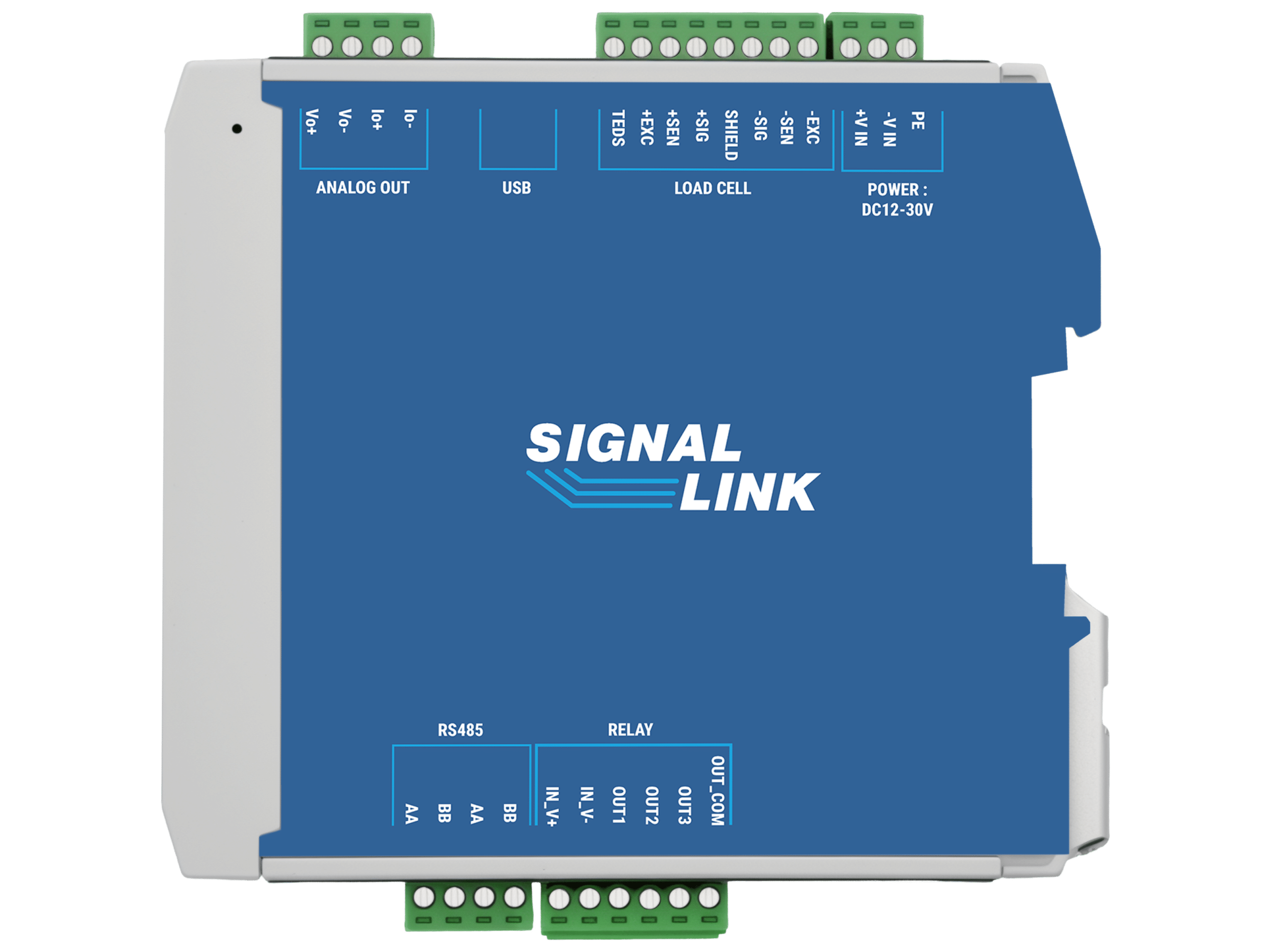 Signal Link signal conditioner side view showing all terminal connections