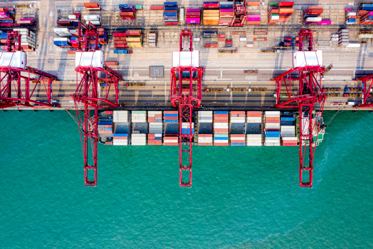 Overhead photo of giant cranes for shipping containers