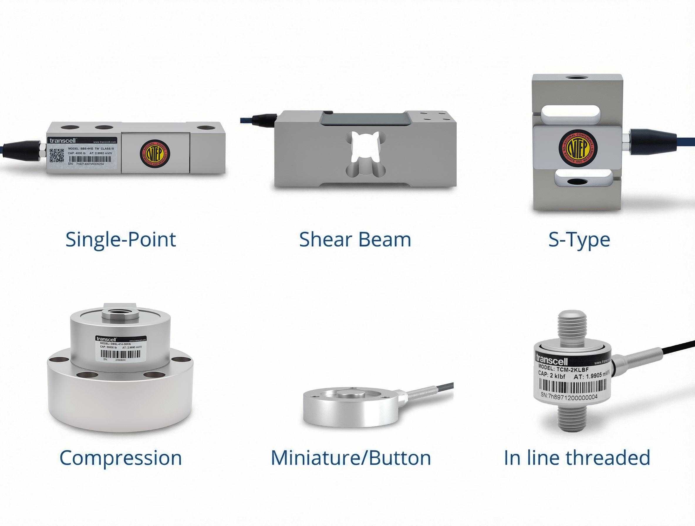 Load cell types taxonomy diagram showing each cell's shape and primary loading direction — compression, tension and shear
