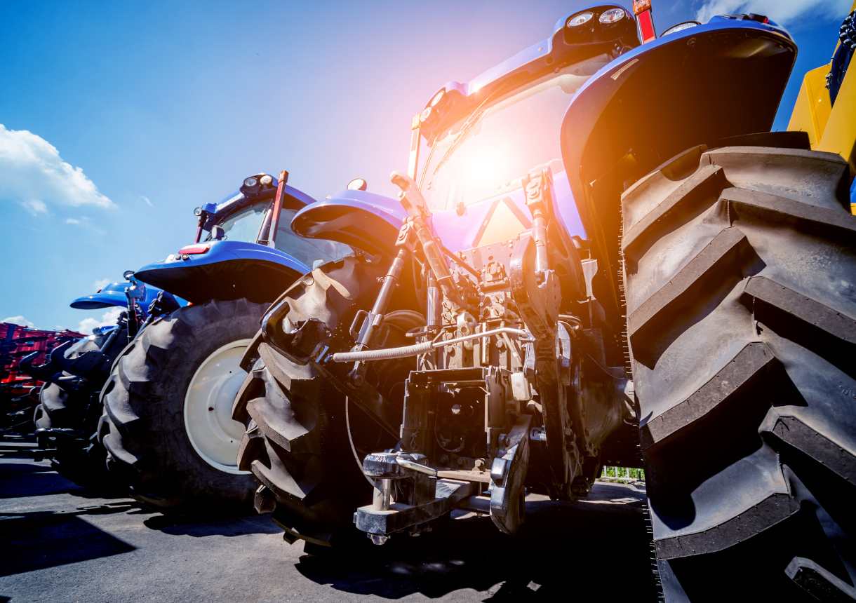 Rear view of modern agricultural tractor. Industrial details.