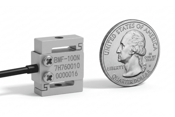 Micro S beam load cell shown next to a U.S. quarter for size comparison