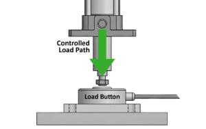 Button load cell compression mounting diagram showing controlled load path in a test fixture