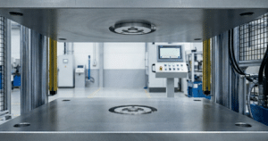 Button load cell measuring compression force in industrial press machine setup