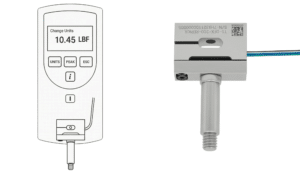 Replacement load cell installed in a Chatillon force testing machine showing mounting and electrical connection