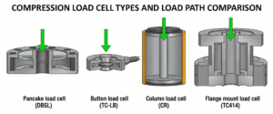 Compression load cell types diagram comparing pancake, button, column, and flange mount designs with load paths