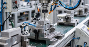 CNC machining process manufacturing custom load cell components with precision metal cutting and coolant system