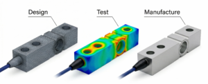 Custom load cell engineering process showing CAD design model, finite element analysis testing, and final manufactured load cell