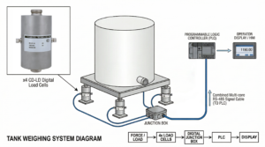 Diagram of tank weighing system using digital load cells with RS-485 connection to PLC and display
