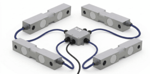 Four double ended shear beam load cells connected to a junction box in a platform scale wiring configuration