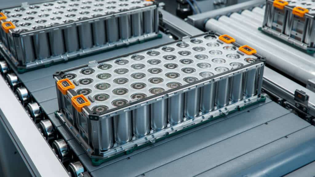 EV batteries on a production line