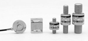 Transcell miniature load cell product family including button, threaded inline, and mini S beam designs on white background