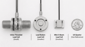Size comparison of miniature load cells including mini S beam, load button, and threaded inline load cell next to a US quarter for scale