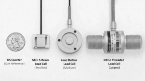 Size comparison of miniature load cells including mini S beam, load button, and threaded inline load cell next to a US quarter for scale