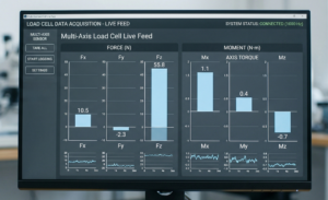 Multi-axis load cell data acquisition screen showing force measurements Fx Fy Fz and moment measurements Mx My Mz in real time