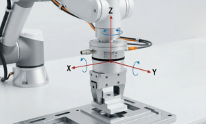 Multi-axis load cell mounted on robotic arm with arrows showing X Y Z force directions and rotational moment axes for multi-directional force measurement