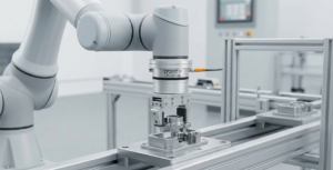 Multi-axis load cell integrated into robotic arm end effector for precision force and torque measurement in automated assembly