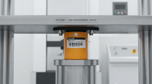 CR series multi-column load cell installed in compression testing frame with proper alignment fixtures