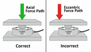Pancake load cell mounting diagram showing correct axial force path versus incorrect eccentric loading