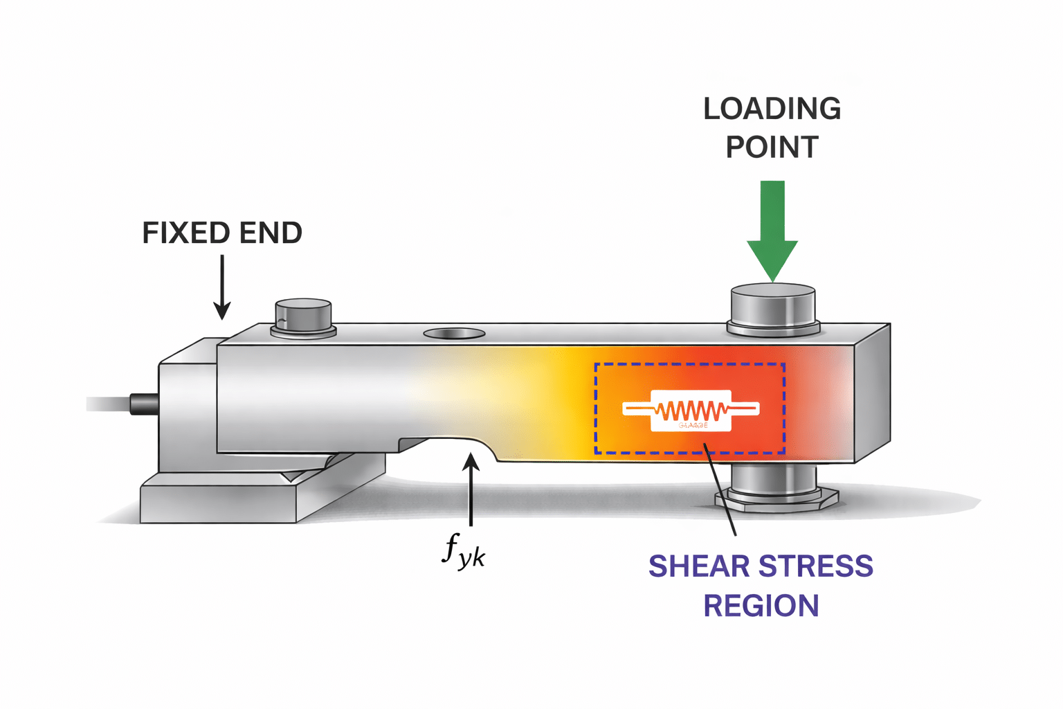 Shear beam load cell cutaway showing fixed end, loading point, and shear stress region with strain gauges