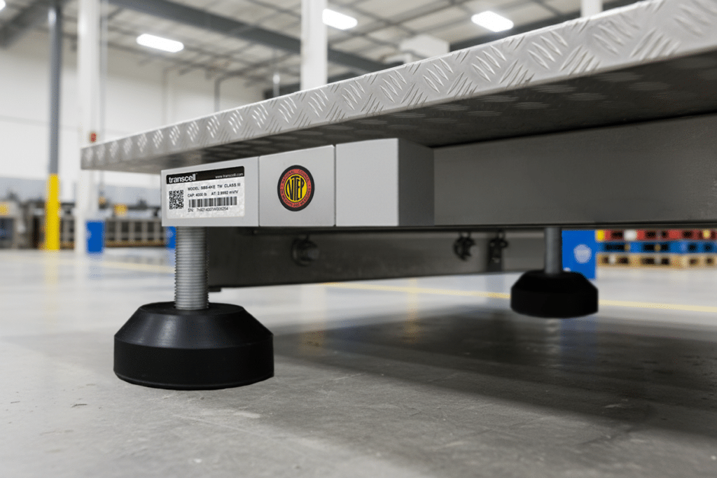 Shear beam load cells installed on an industrial floor scale