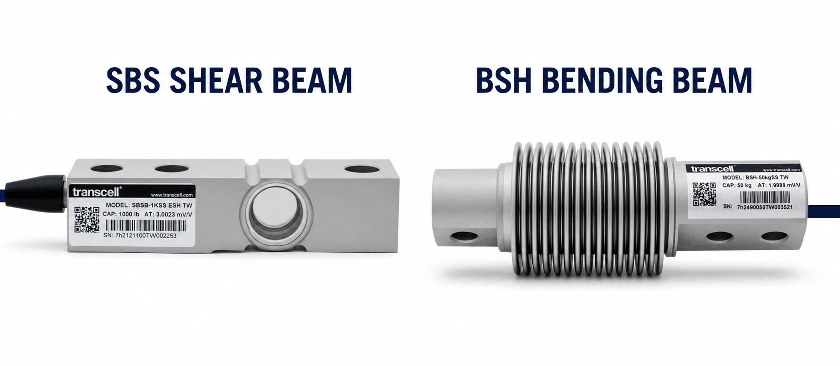 Side-by-side comparison of Transcell SBS shear beam and BSH bending beam load cells