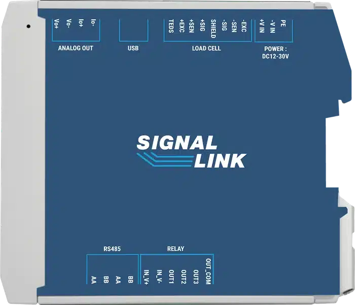 Signal Link working side with every terminal mapped: analog out, USB-C, load cell, power, RS-485 and relays