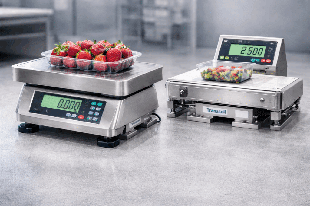 Single-point load cell installed under a compact bench scale and checkweigher platform
