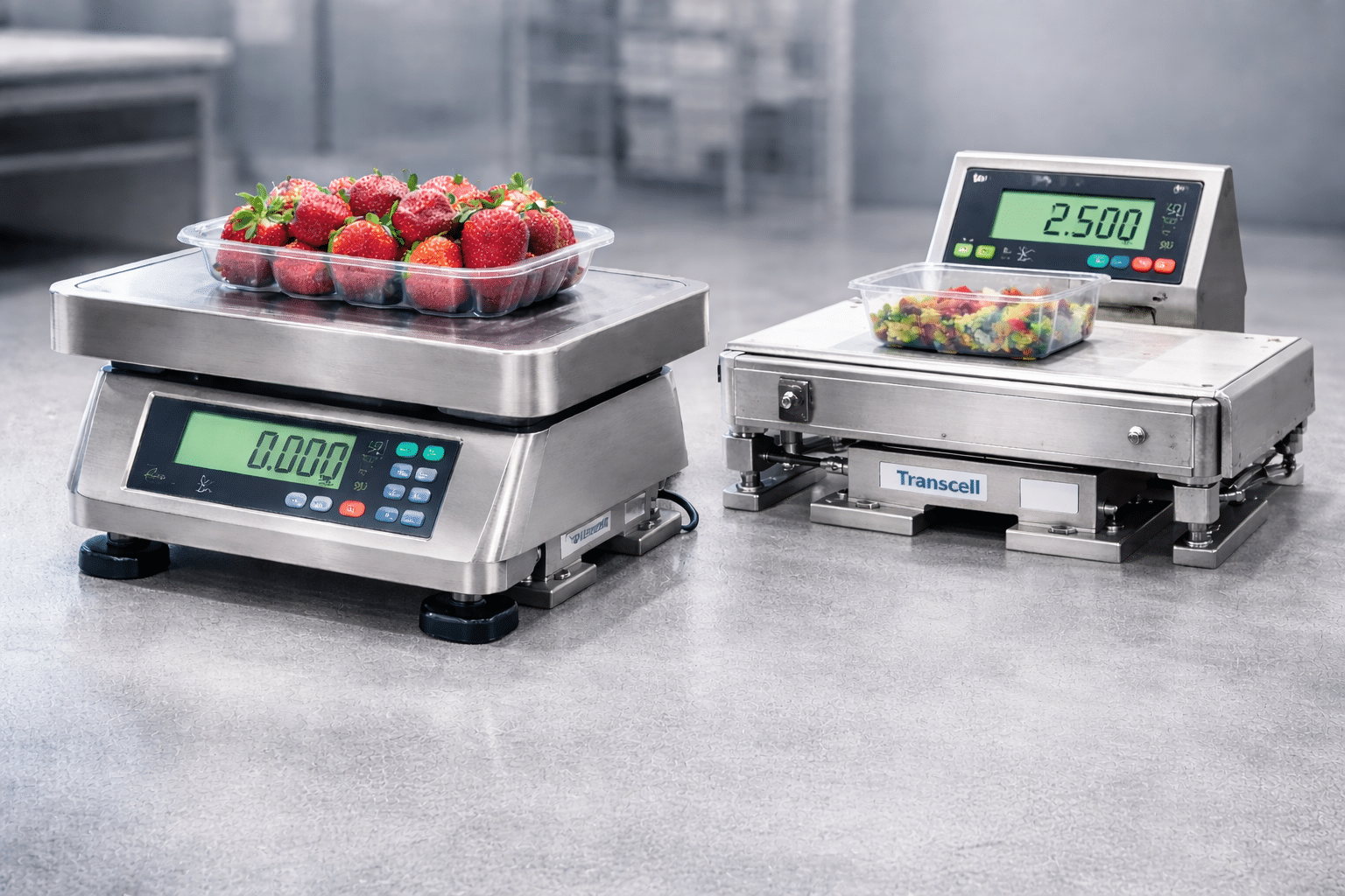 Single-point load cell installed under a compact bench scale and checkweigher platform
