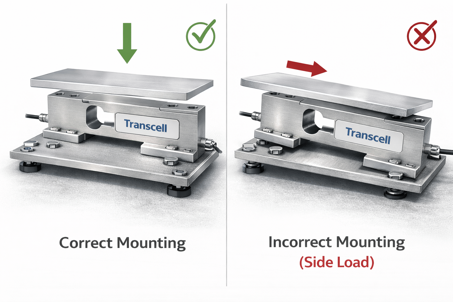Correct vs. incorrect single-point load cell mounting showing side load avoidance