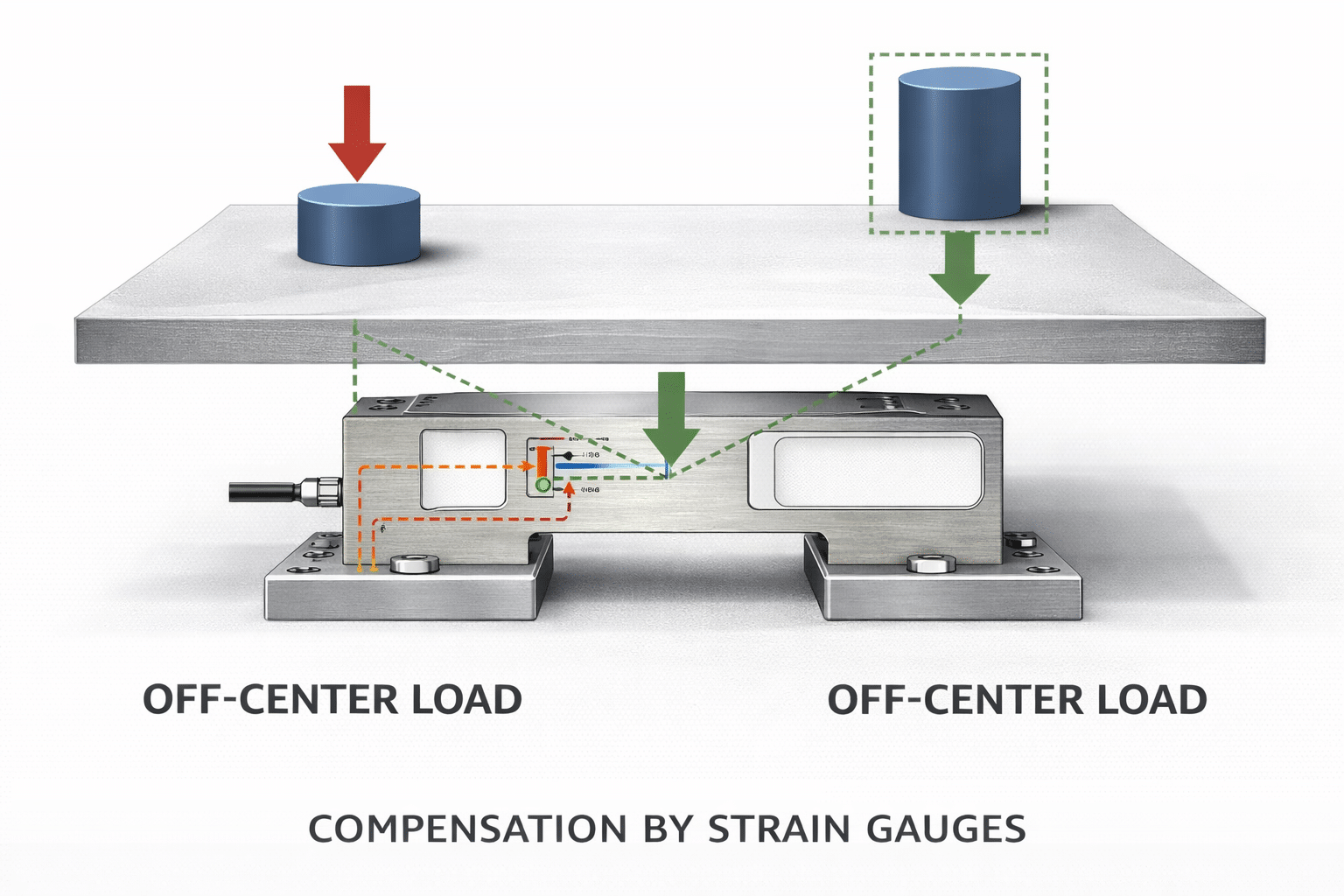 Diagram of a single-point load cell under a platform showing off-center loading compensation