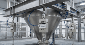 Tension load cells installed on a suspended hopper weighing system in an industrial environment
