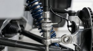 Miniature threaded inline load cell installed in automotive suspension linkage measuring force