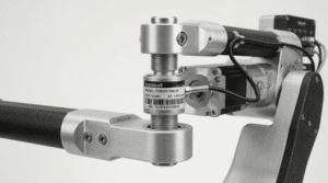 Threaded inline miniature load cell installed in a robotic mechanism showing load path and cable routing