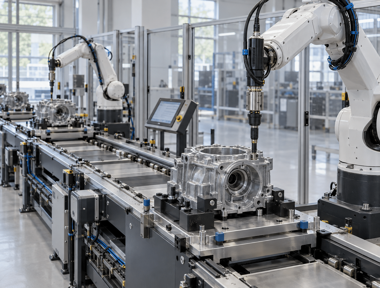 Robotic assembly line using torque transducers for precision fastening and torque measurement.