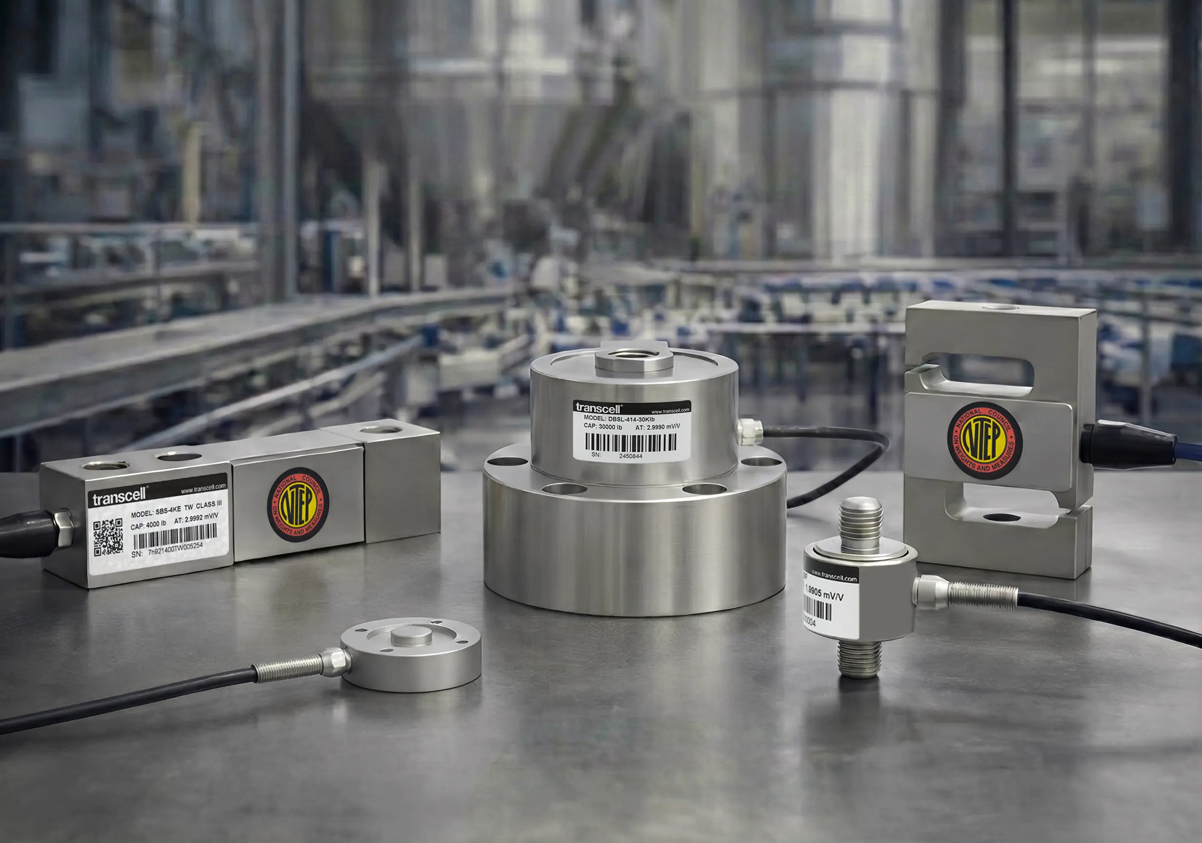 Transcell load cell family lineup including shear beam, S-type, canister, pancake, single-point, button, miniature, multi-axis and weigh beam load cells