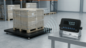Wireless floor scale with RF digital indicator showing real-time weight transmission in warehouse